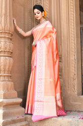 Peach - Pink Pure Katan Silk Banarasi Handloom Saree with Kadhua boota and border